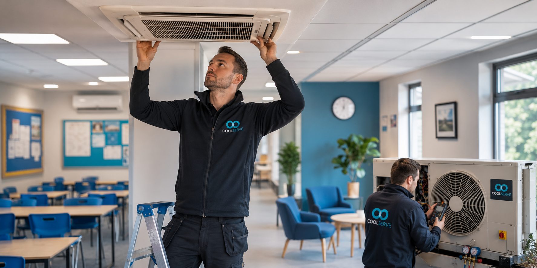 CoolServe engineers installing a ceiling air conditioning unit in a school